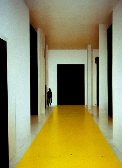 Prompt: a photograph of a symmetrical hallway designed by basquiat, 3 5 mm, film camera, dezeen, architecture, minimal, art installation