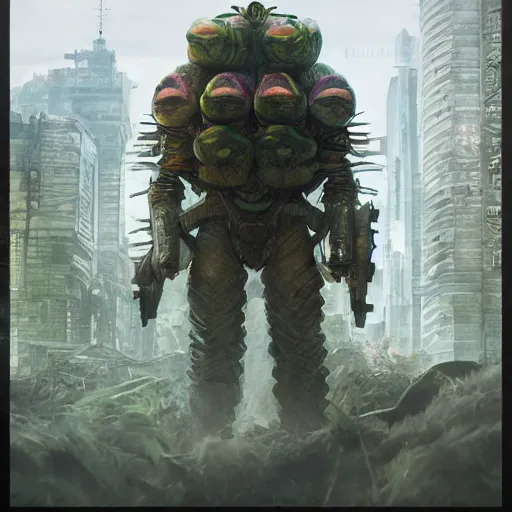 Image similar to Concept Digital Art Highly detailed giant Watermelon warlord protecting Ukrainian city from Orks by Taras Shevchenko and Stephen Hickman and Beeple. Very highly detailed 8K,Pentax 67, Kodak Portra 400 in style of Hiromasa Ogura Ghost in the Shell, the golden ratio, rational painting