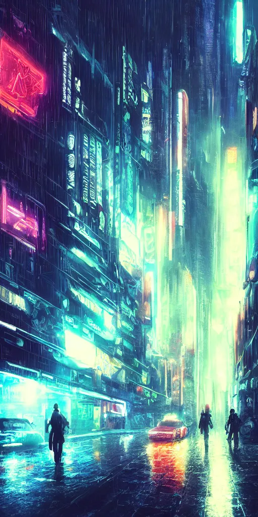 Image similar to hyper realistic cyberpunk cityscape,neon,rain,blade runner, looming surreal sky, stars,moon, 8k,cinematic lighting, detailed oil painting, by tristan eaton,Stanley Artgermm,Tom Bagshaw,Greg Rutkowski,Carne Griffiths,trending on DeviantArt,chillwave,minimalist,cybernetic, android, blade runner,full of colour