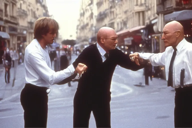 Prompt: owen wilson fighting patrick stewart in rue saint - jacques ( paris ), paul bearer, shot on film