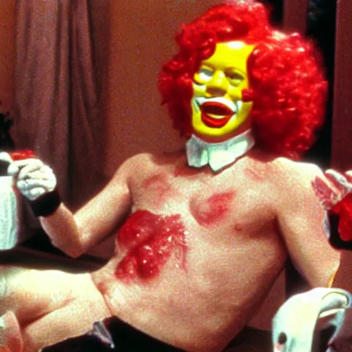 Prompt: ronald mcdonald putting the lotion on its skin or else it gets the hose again, horror, vhs quality, realistic, dutch angle