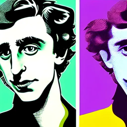 Image similar to vector art solarized screenprint of timothee chalamet as dream of the endless ( sandman ) by brian bolland and andy warhol