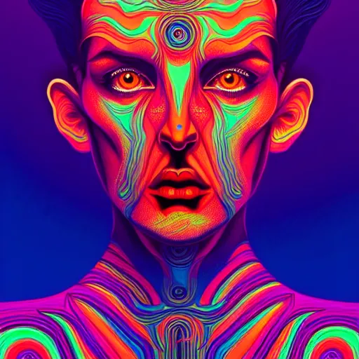 Image similar to An extremely psychedelic portrait, surreal, LSD, face, detailed, intricate, elegant, lithe, highly detailed, digital painting, artstation, concept art, smooth, sharp focus, illustration, art by Kilian Eng