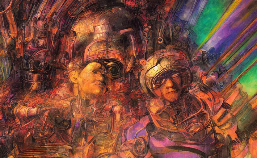 Prompt: psychedelic cybernetic technological abstract textured wallpaper, rembrandt, hayao miyazaki, kentaro miura, beautiful brush strokes and colors, relaxing concept art, chill vibes, calm, smooth, gorgeous, advanced lighting technology, stylized, expressive