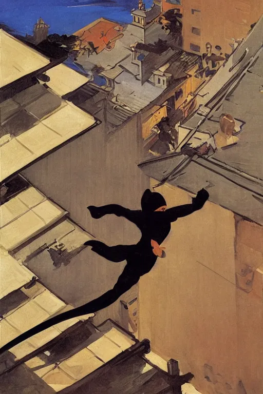 Image similar to a ninja jumping from the roof at night by joaquin sorolla, syd mead, hokusai