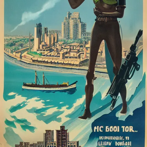 Image similar to ww 2 propaganda poster showing the tropical city of lagos nigeria with no text