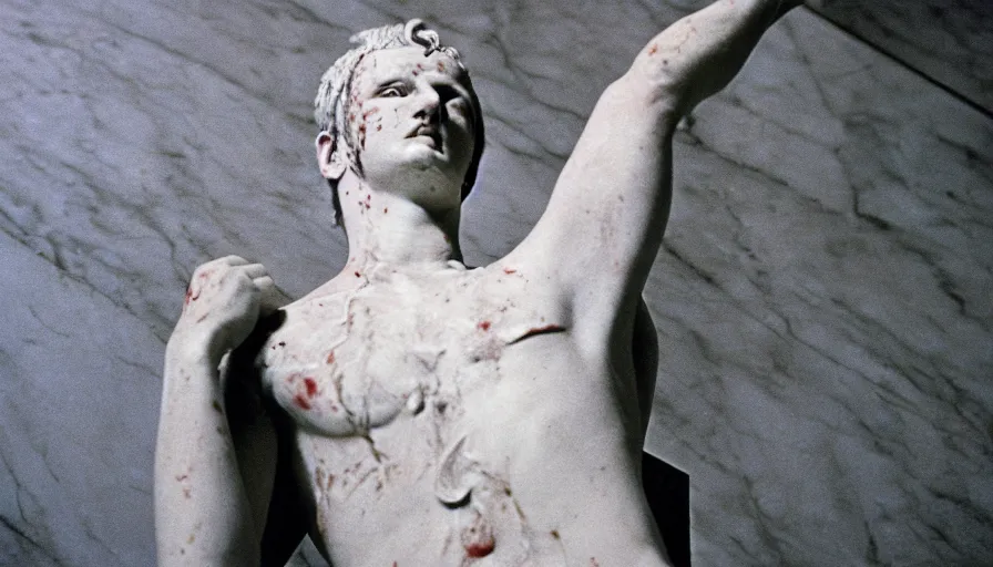 Image similar to 1 9 6 0 s movie still close - up of caligula in a white toga bleeding to death on marble stairs, cinestill 8 0 0 t 3 5 mm, high quality, heavy grain, high detail, dramatic light, anamorphic