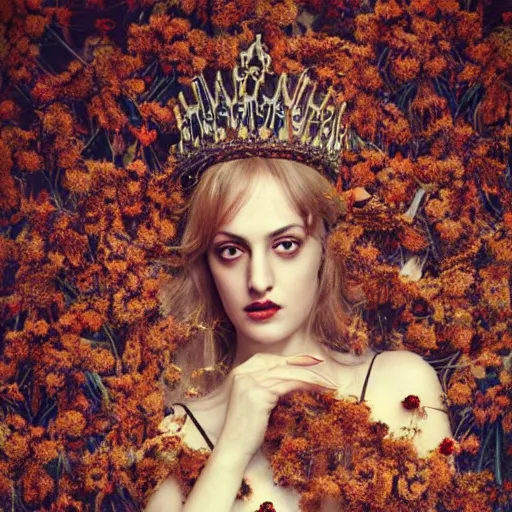 Image similar to fine art photo of the beauty goddess meryem uzerli, she has a crown of dried flowers, by oleg oprisco