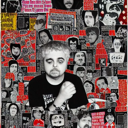 Prompt: daniel johnston in the style of daniel johnston and outsider art, 4k, overlaid with arabic adverts and text