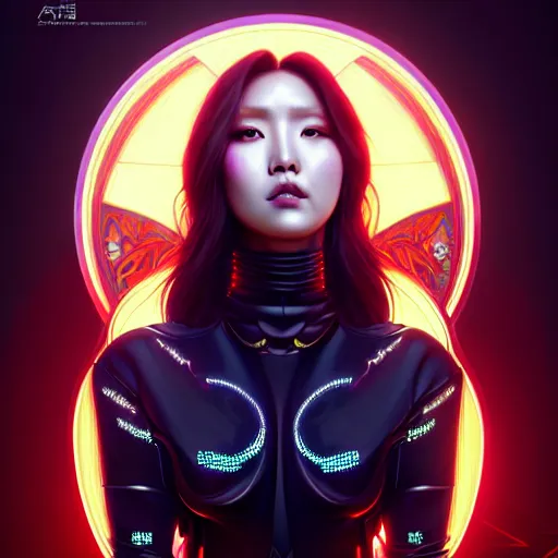 Prompt: portrait painting of cyberpunk hwasa mamamoo with a halo and devil horns, ultra realistic, concept art, intricate details, eerie, highly detailed, photorealistic, octane render, 8 k, unreal engine. art by artgerm and greg rutkowski and magali villeneuve and alphonse mucha