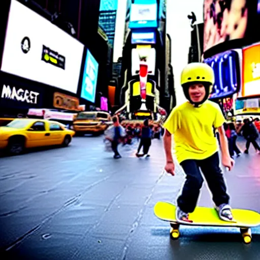 Image similar to a cool lemon riding a skateboard in times square new york