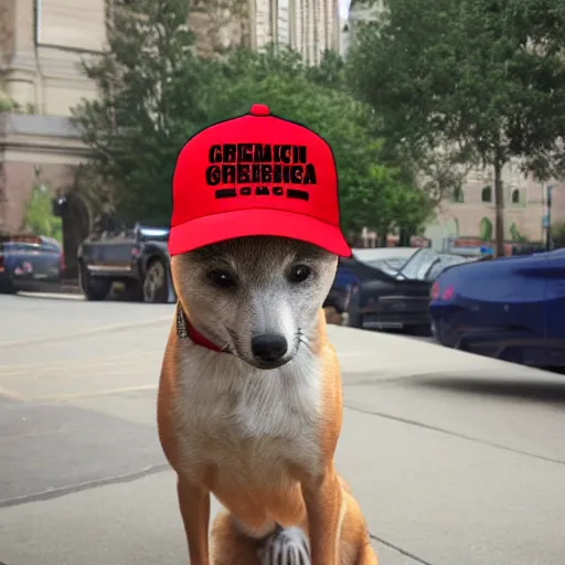 Image similar to doge wearing a make america great again cap, realistic, super detailed, wide shot, 8 k,