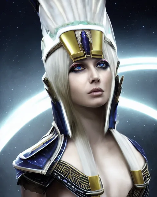 Image similar to perfect white haired attractive egyptian goddess with green eyes, warframe armor, pharaoh headdress, beautiful, symmetric, dreamy, half asian, pretty face, charlize theron, detailed, scifi platform, laboratory, experiment, 4 k, ultra realistic, epic lighting, android body, illuminated, cinematic, masterpiece, art by akihito tsukushi, voidstar