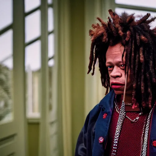 Prompt: a cinematic film still of Trippie Redd starring in The Shining, portrait, 40mm lens, shallow depth of field, close up, split lighting, cinematic