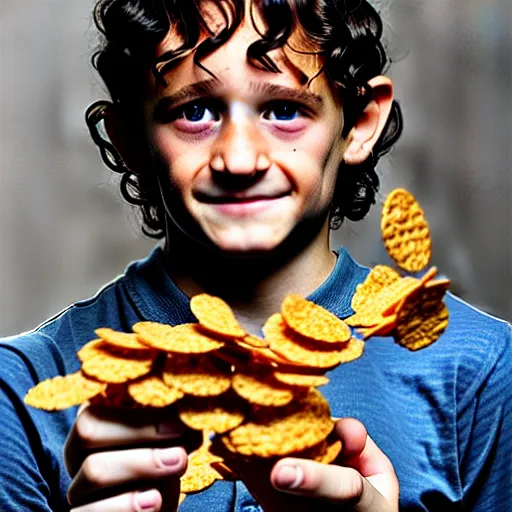 Image similar to uhd frodo made of fritos. photo by annie leibowitz