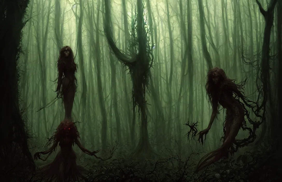 Image similar to monster inside a dark horror forest, heroic lighting, folklore, intricate, elegant, highly detailed, lifelike, photorealistic, digital painting, artstation, illustration, concept art, smooth, sharp focus, art by John Collier and Albert Aublet and Krenz Cushart and Artem Demura and Alphonse Mucha