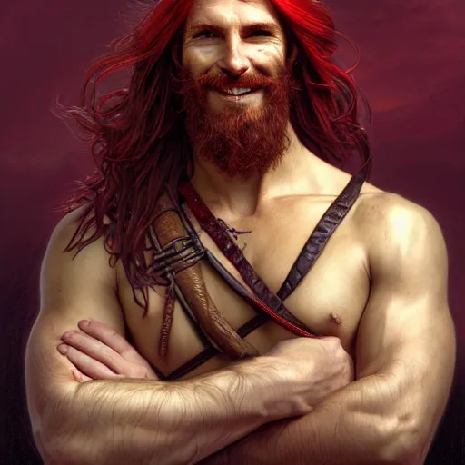 Image similar to portrait of a young ruggedly handsome but joyful pirate, male, masculine, upper body, red crimson crimson deep red hair, long long flowing hair, fantasy, proud smirk, intricate, elegant, highly detailed, digital painting, artstation, concept art, matte, sharp focus, illustration, art by artgerm and greg rutkowski and alphonse mucha