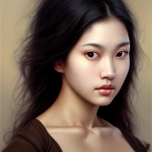 Image similar to portrait of a beautiful woman, square-faced, sand-colored skin, harried bun of black hair, korean, soft details, dark brown eyes, matte painting oil on canvas by mark arian by artgerm, trending on artstation, 4k, 8k, HD