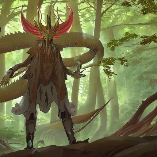 Image similar to concept art painting of an anthropomorphic dragon king with robes, a long dragon neck, and horned skull mask, in a deep forest, cel shaded, in the style of makoto shinkai and james gurney and studio ghibli and moebius