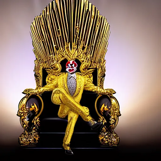 Image similar to shining giant throne made of millions of diamonds, gold and zaphires with thousands of light reflections, and a clown on a tuxedo suit is sitting on the throne while handing a golden balloon, dramatic light