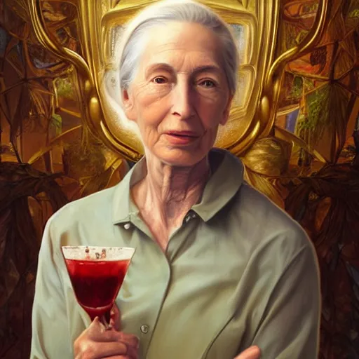 Image similar to portrait painting of jane goodall toasting with a martini, ultra realistic, concept art, intricate details, serious, highly detailed, photorealistic, octane render, 8 k, unreal engine. art by artgerm and greg rutk owski and alphonse mucha