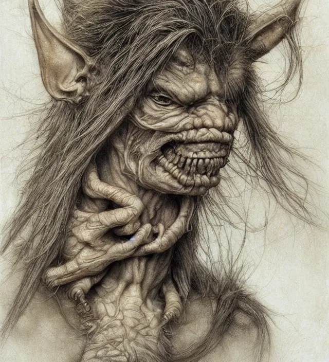 Image similar to hyper realistic portrait of goblin, cinematic, symmetric, dark crystal, alan lee, jean baptiste monge, brian froud scott radke