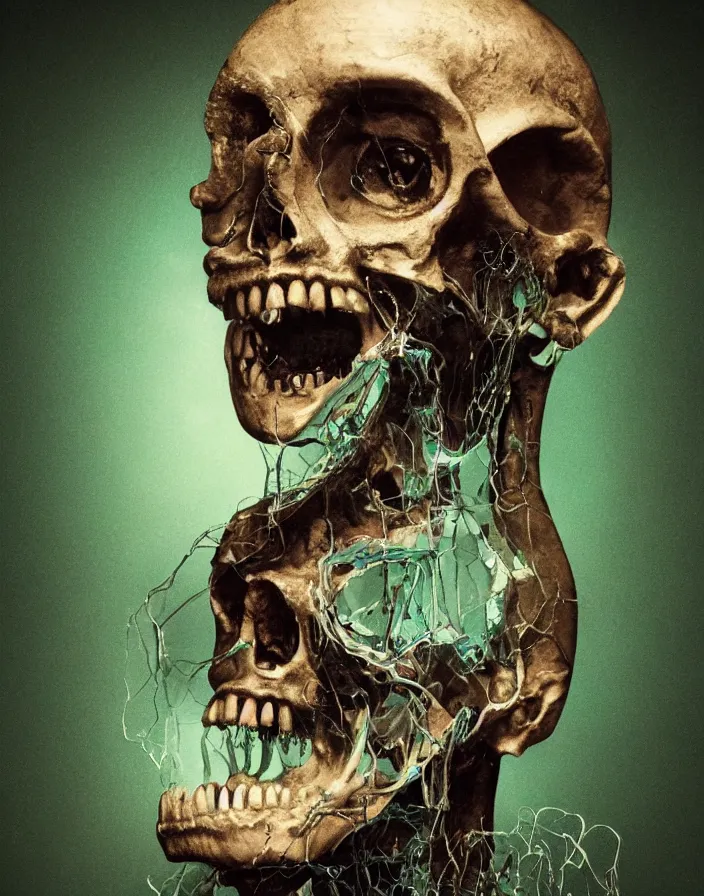 Prompt: portrait of a radium glass skull. intricate abstract. sharp teeth. delicate artwork. infected by zombie fungus. by Tooth Wu, wlop, beeple, dan mumford. octane render, trending on artstation, greg rutkowski very coherent symmetrical artwork. cinematic, hyper realism, high detail, octane render, 8k, depth of field, bokeh. chrome accents.