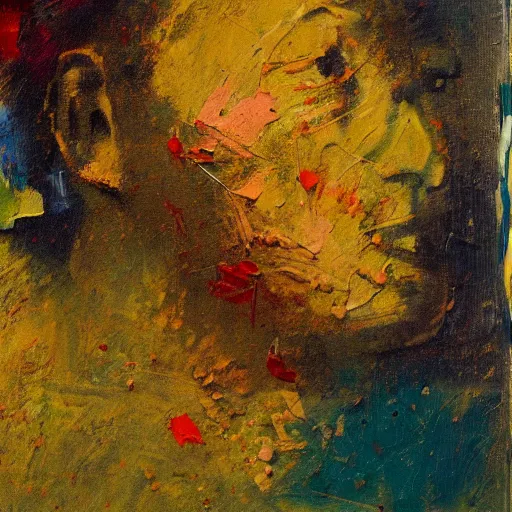 Prompt: oil paint impasto, a woman, multi layered thick brush marks, some splattered paint, in the style frank auerbach and redon