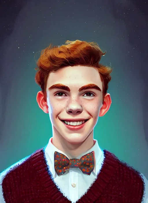 Image similar to portrait of teenage archie andrews, freckles, curly middle part haircut, curly hair, middle part hairstyle, smiling kindly, wearing a bowtie and sweater vest, intricate, elegant, glowing lights, highly detailed, digital painting, artstation, concept art, smooth, sharp focus, illustration, art by wlop, mars ravelo and greg rutkowski