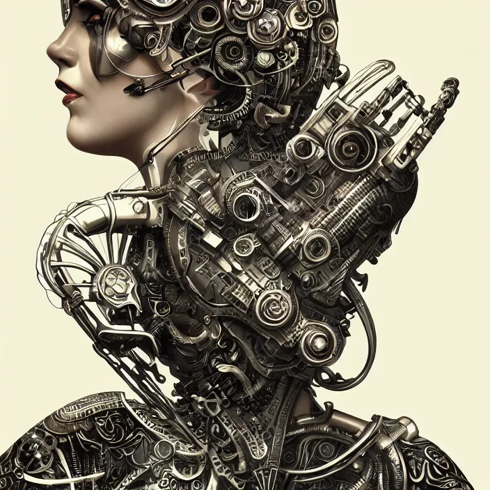 Prompt: ultra realistic illustration of a retro futuristic female cyborg punk art nouveau filgree scrollwork, masterpiece, intricate, highly detailed, sharp