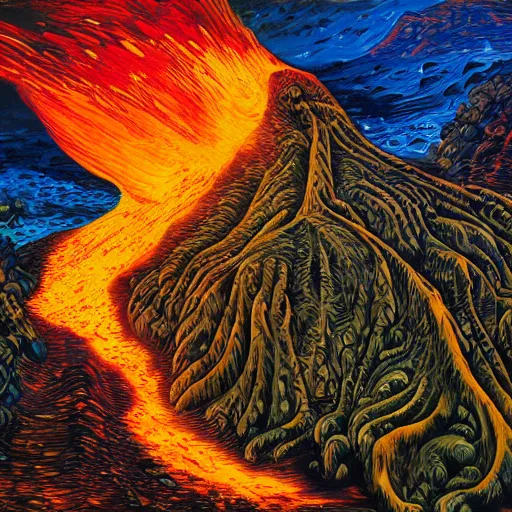 Image similar to vulcano, lava, trees on fire by dan mumford and umberto boccioni, oil on canvas