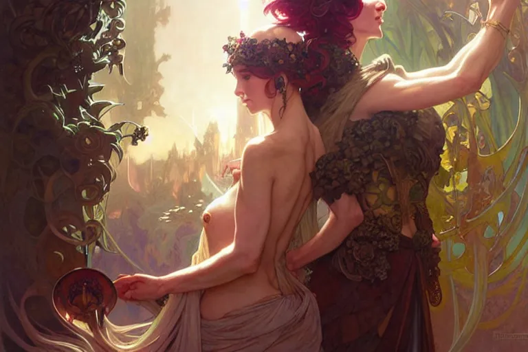 Image similar to ubermench which is a combination of a woman and a man, machiavellian garden, d & d, fantasy, ego death, decay, dmt, psilocybin, art by artgerm and greg rutkowski and alphonse mucha