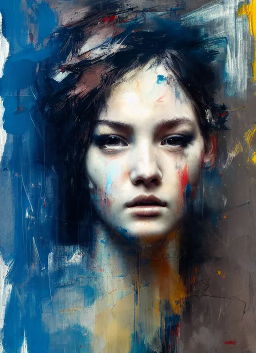 Prompt: photo of a gorgeous young woman in the style of Ruan Jia, draped in flowing fabric, colorful impasto brush strokes, realistic, sharp focus, 8k high definition, insanely detailed, intricate, elegant, art by Guy Denning and Jeremy Mann