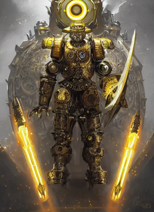 Prompt: full body, attack position abstract portrait of a intricate ornate holy mechanical warforged with circular glowing eye, character in yellow armor holding a legendary paladin engraved great longsword drawn and carrying a huge heavy paladin shield, vertically flat head, face in focus, epic , trending on ArtStation, masterpiece, cinematic lighting, by Ross Tran and by Greg Rutkowski