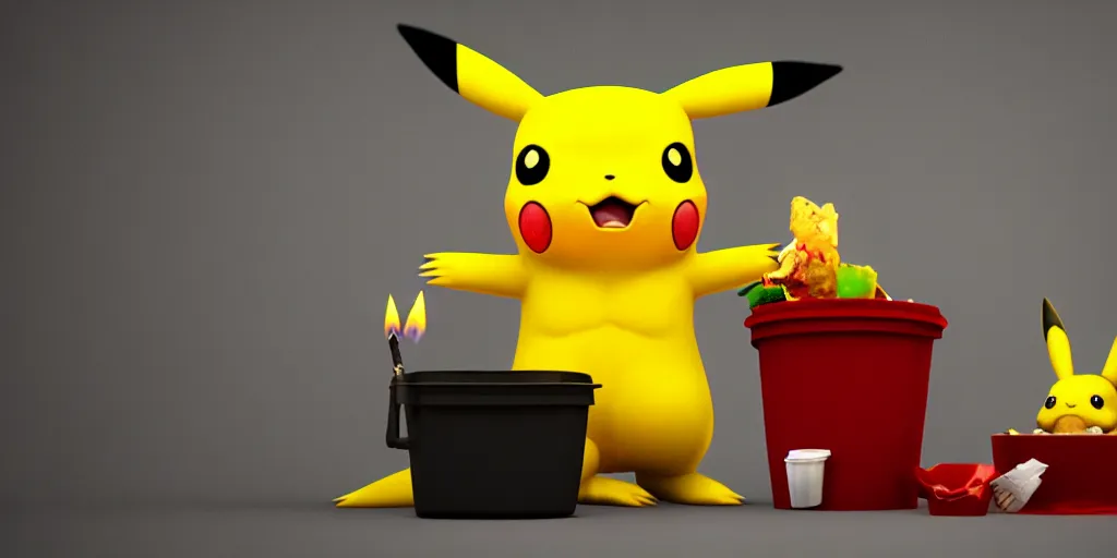 Image similar to pikachu devouring and eating and killing a dog sharp teeth burtal eyes scary mouth dark room red candles trash bin octane unreal engine render 8k photorealistic extreme detail textured