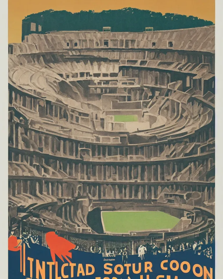 Image similar to art deco era poster for baseball in the Colosseum by Ed Ruscha.