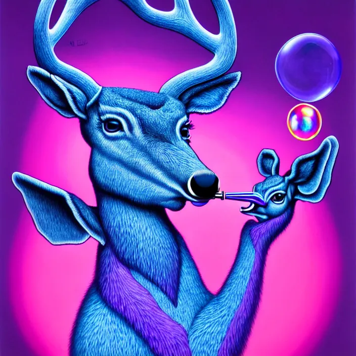 Prompt: an anthropomorphic male blue deer wearing a violet tracksuit blowing a bubble, by alex grey, intricate details, artstation, arrogant, cocky, psychedelic, hd, beautiful