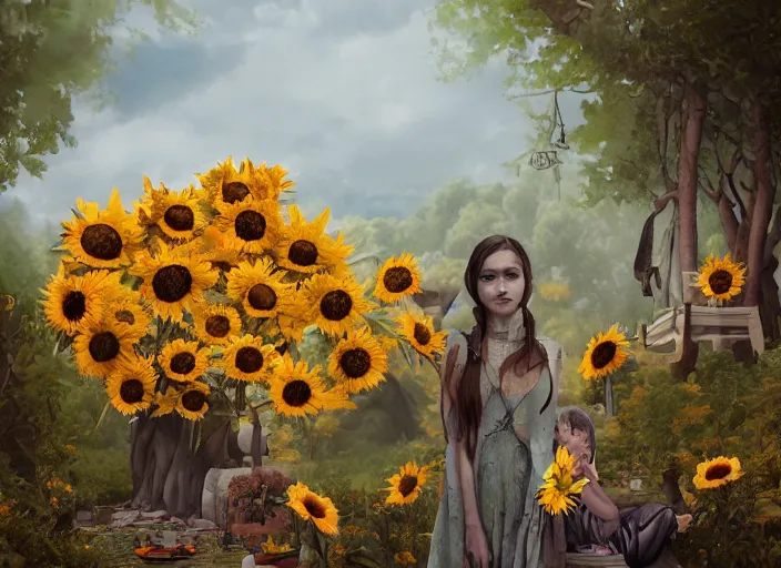 Image similar to 🪐🌻, lowbrow inthe style of camille rose garcia, matte painting, 8 k,