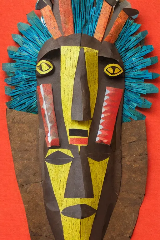 Prompt: Paper collage of an African tribal mask