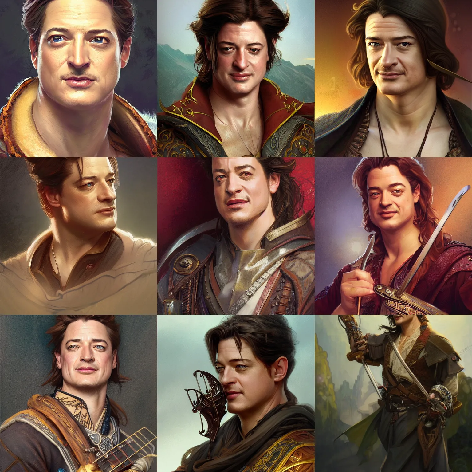 Image similar to smirking male bard, brendan fraser, portrait, D&D, fantasy, highly detailed, digital painting, artstation, concept art, sharp focus, illustration, art by artgerm and greg rutkowski and alphonse mucha