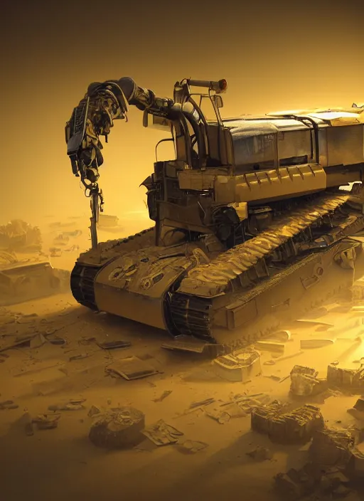 Image similar to a photorealistic dramatic hyperrealistic render of a futuristic caterpillar exosuit power dozer heavy machinery, ultra realistic details, glossy yellow, well worn, rust, oil stains by vitaly bulgarov and mike nash, beautiful dramatic dark moody tones and lighting, cinematic atmosphere, studio lighting, global illumination, shadows, dark background, octane render, 8 k