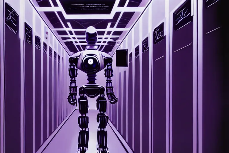 Image similar to hyperrealistic medium shot robot cyborg in data center server by stanley kubrick highly detailed concept art eric zener william gibson cinematic hard purple lighting high angle hd 8 k sharp shallow depth of field