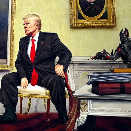 Prompt: senator armstrong from metal gear rising revengeance sitting in oval office behind resolute desk, oil painting, presidential portrait