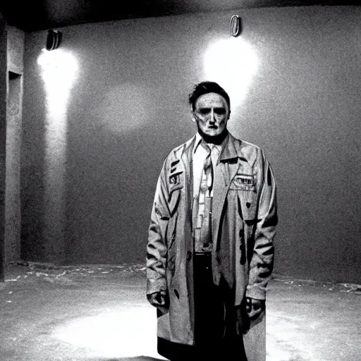 Prompt: Film still of Dennis Hopper in Twin Peaks (1990), evil spirit in the Black Lodge from Twin Peaks (1990 tv series), eerie photography, lynchian