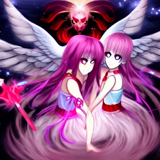 Image similar to an eternal battle between a demon girl and a magical girl