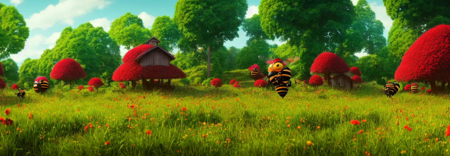 Image similar to stunning glowing dominant large highlighted crimson - black beehive, oversized cute bees in a beautiful forest meadow village landscape, flowers, happy trees, photorealistic, octane render, rtx, hdr, unreal engine, digital art widescreen 8 k, studio ghibli, bob ross, pixar, bee movie, disney