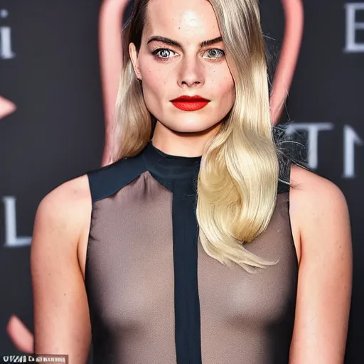 Image similar to a woman who is a genetic combination of margot robbie and emma watson face and upper - body focus