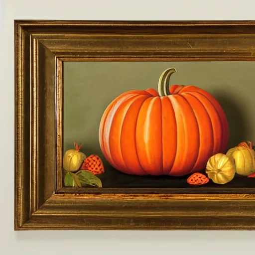 Prompt: a classical painting of a pumpkin that looks like a strawberry