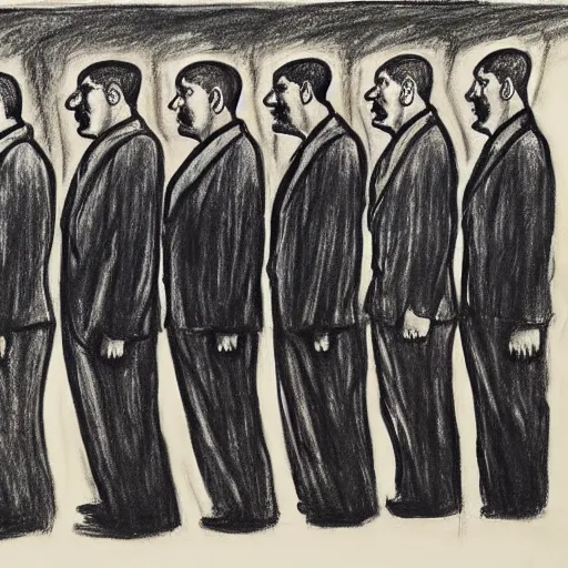 Prompt: mournful ultraviolet by bill ward, by ben shahn. a beautiful drawing of a group of people standing in a line. they are all facing the same direction & appear to be waiting for something.