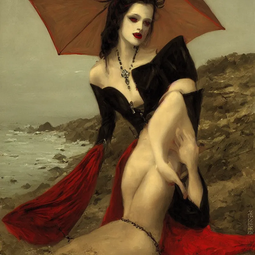 Image similar to portrait of a beautiful and grim vampire queen under a large beach umbrella by William-Adolphe Bouguerea